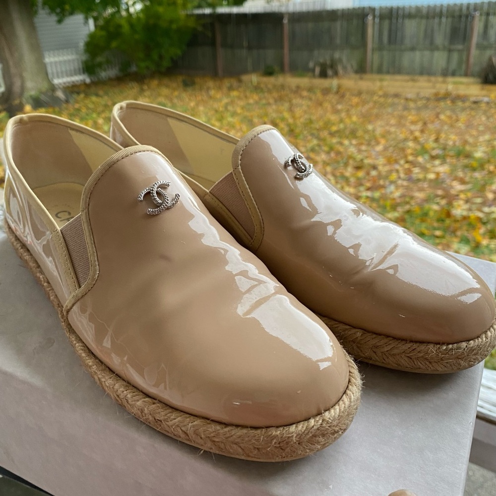 Authentic Chanel Beige Patent Leather Espadrille Slip On Loafers